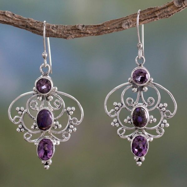 Alternate image for Artisan Crafted Amethyst Earrings with Composite Turquoise Purple Arabesque