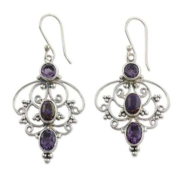 Alternate image for Artisan Crafted Amethyst Earrings with Composite Turquoise Purple Arabesque
