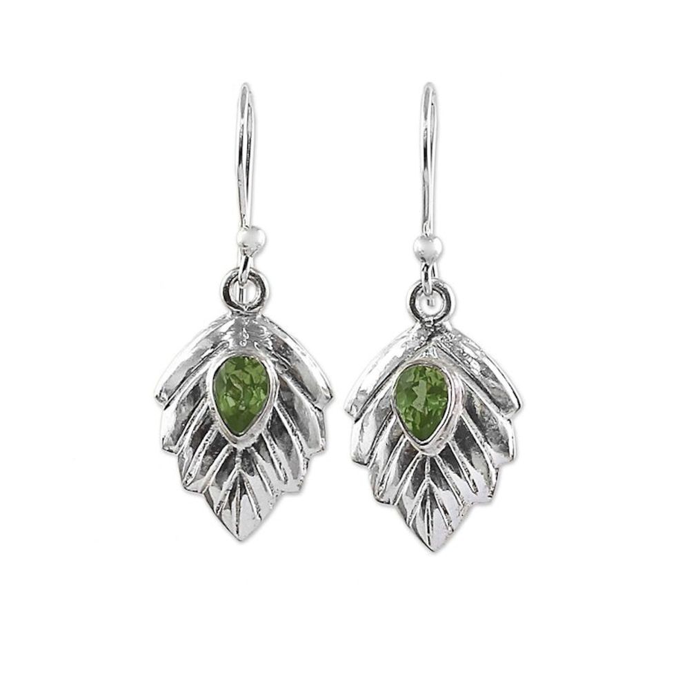 Peridot Sterling Silver Leaf Dangle Earrings from India 'Gleaming Leaves'