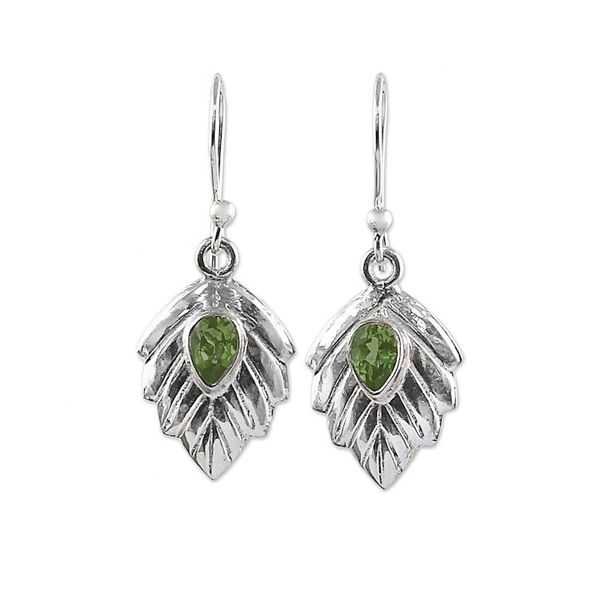 Alternate image for Peridot Sterling Silver Leaf Dangle Earrings from India Gleaming Leaves