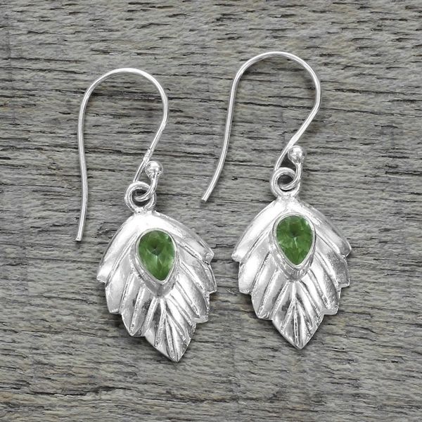 Alternate image for Peridot Sterling Silver Leaf Dangle Earrings from India Gleaming Leaves