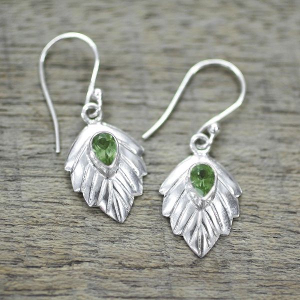 Alternate image for Peridot Sterling Silver Leaf Dangle Earrings from India Gleaming Leaves