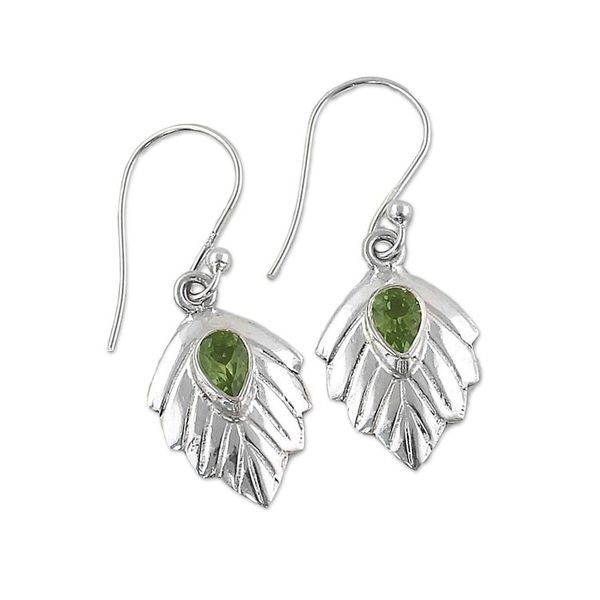 Alternate image for Peridot Sterling Silver Leaf Dangle Earrings from India Gleaming Leaves