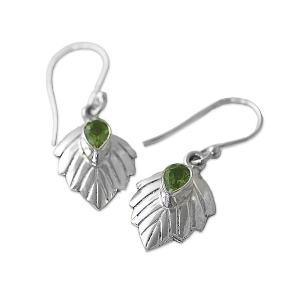 Alternate image for Peridot Sterling Silver Leaf Dangle Earrings from India Gleaming Leaves