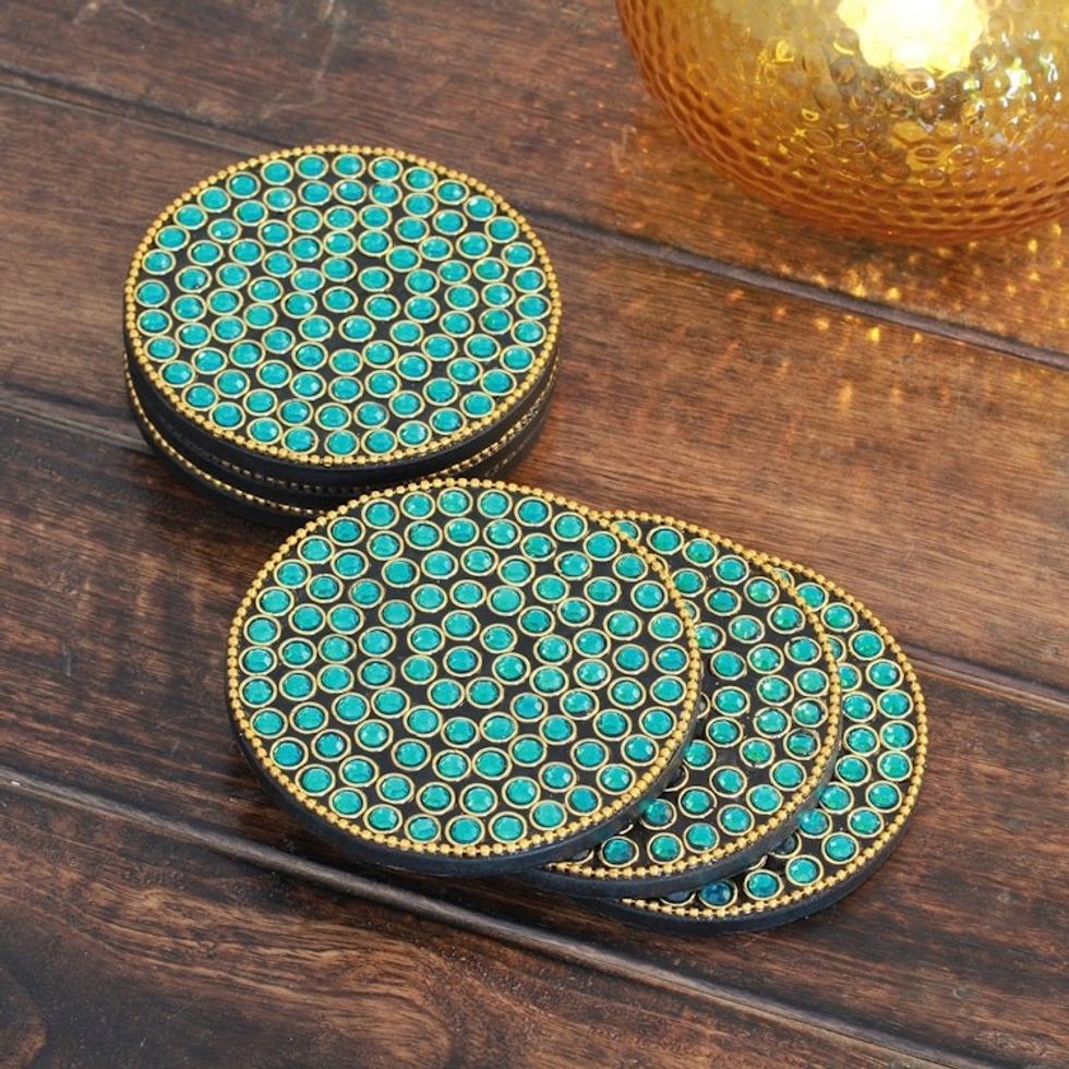 Bejeweled coasters Set of 6 'Aqua Glitz'