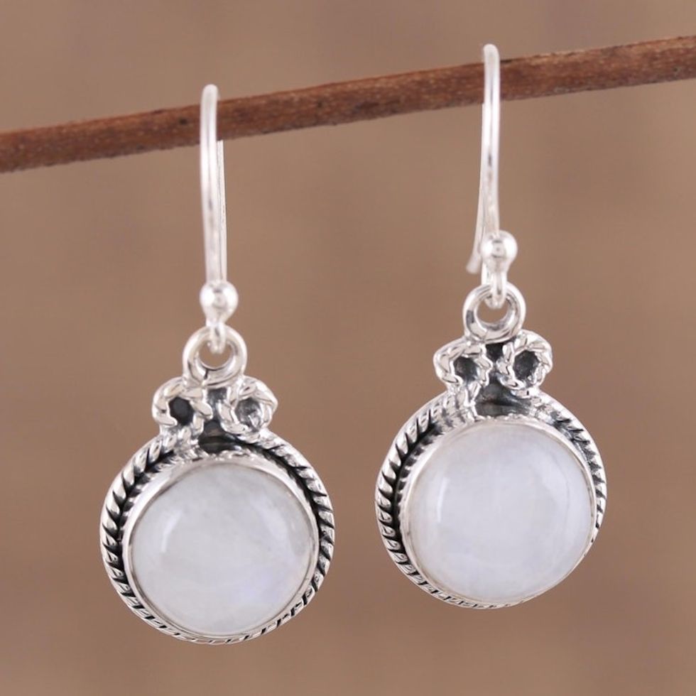 Rainbow Moonstone and Silver Dangle Earrings from India 'Iridescent Beauty'