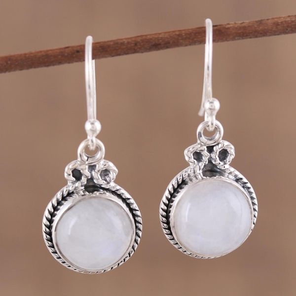 Alternate image for Rainbow Moonstone and Silver Dangle Earrings from India Iridescent Beauty