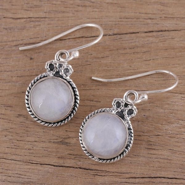 Alternate image for Rainbow Moonstone and Silver Dangle Earrings from India Iridescent Beauty