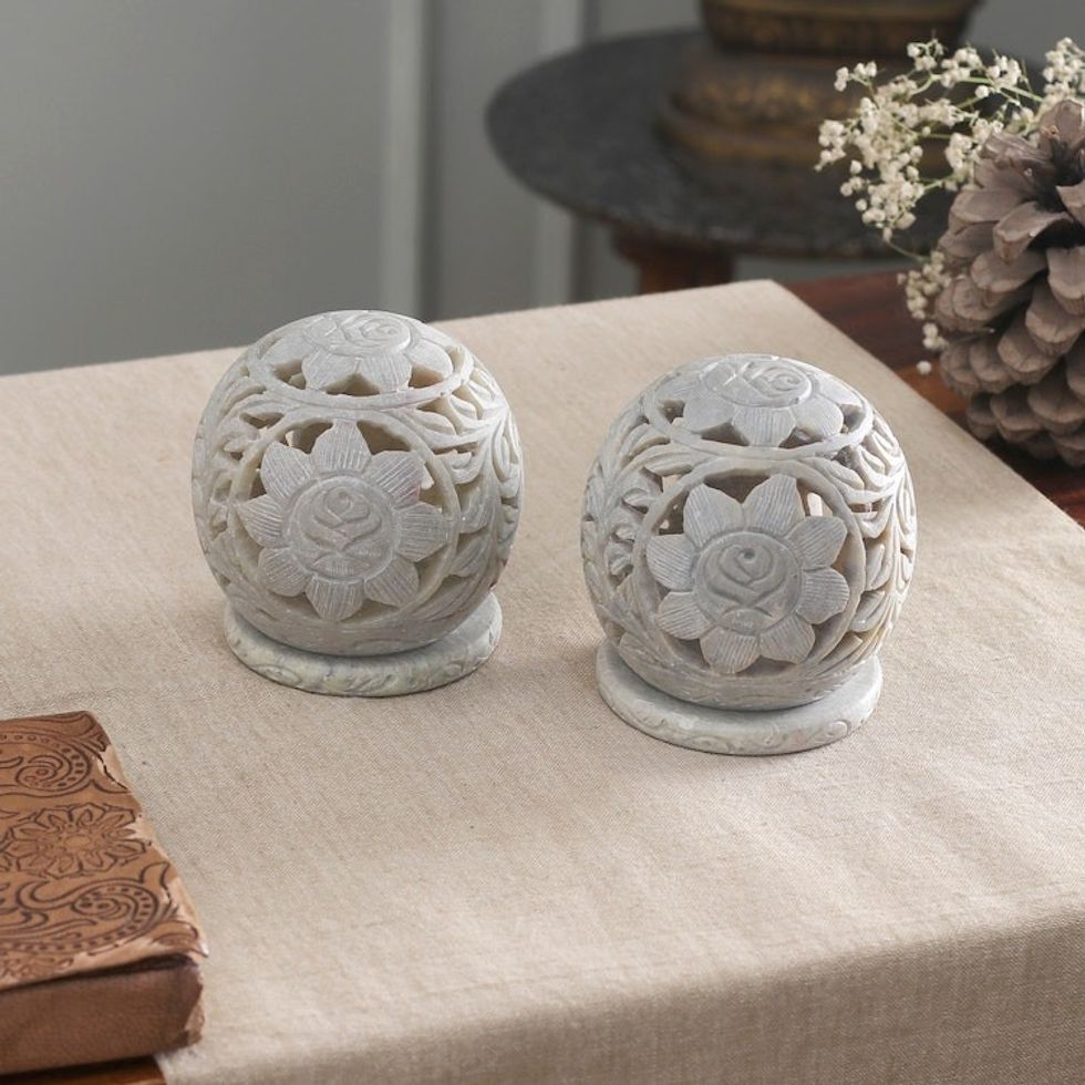 Natural Soapstone Candleholders Hand Carved in India Pair 'Sunflowers'