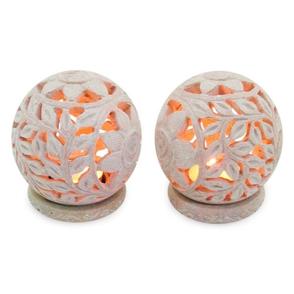 Alternate image for Natural Soapstone Candleholders Hand Carved in India Pair Sunflowers