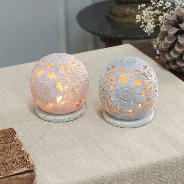 Alternate image for Natural Soapstone Candleholders Hand Carved in India Pair Sunflowers