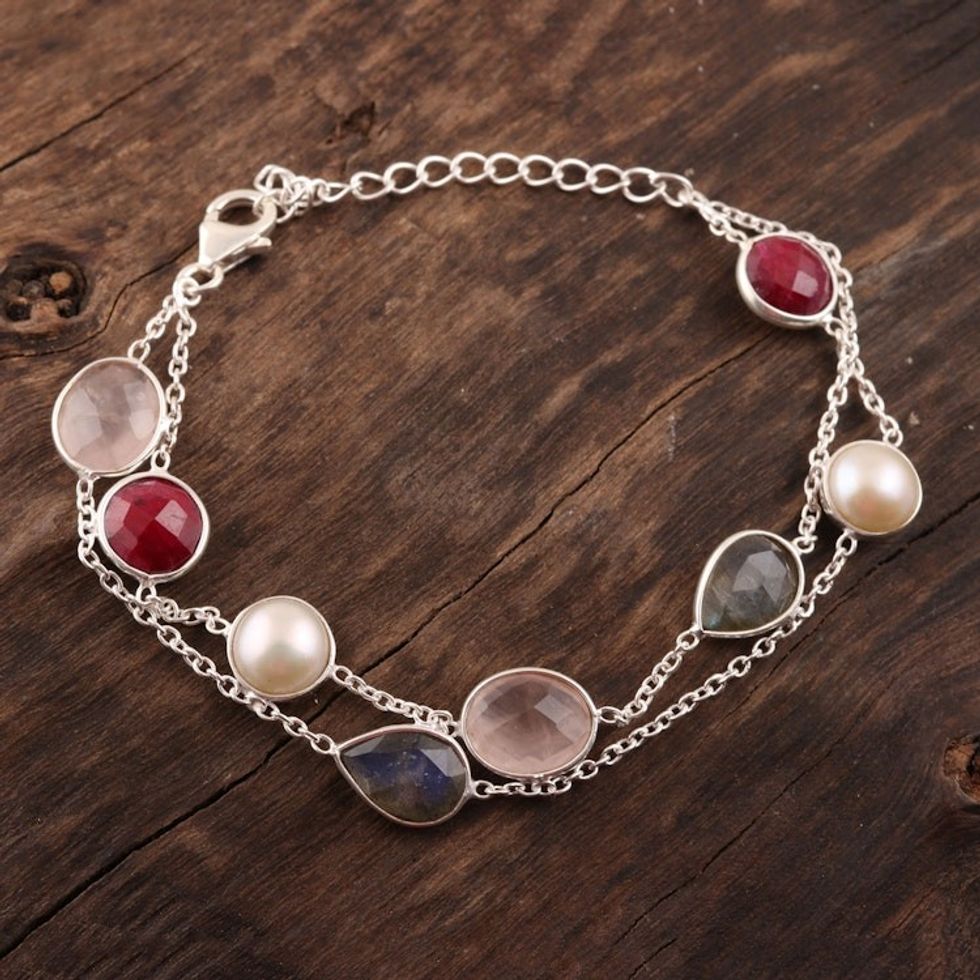 Multi-Gemstone Station Strand Bracelet from India 'Glamorous Glisten'