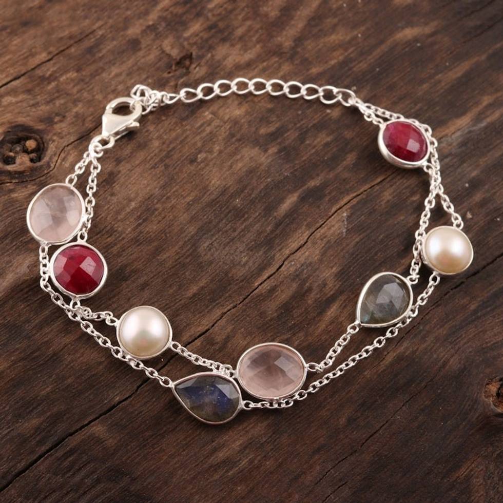 Multi-Gemstone Station Strand Bracelet from India 'Glamorous Glisten'