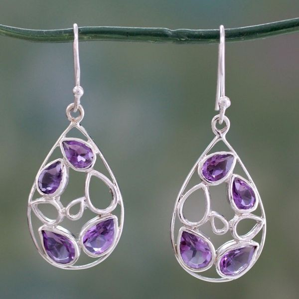 Alternate image for Teardrop Shaped Amethyst Dangle Earrings in Silver Lilac Tears