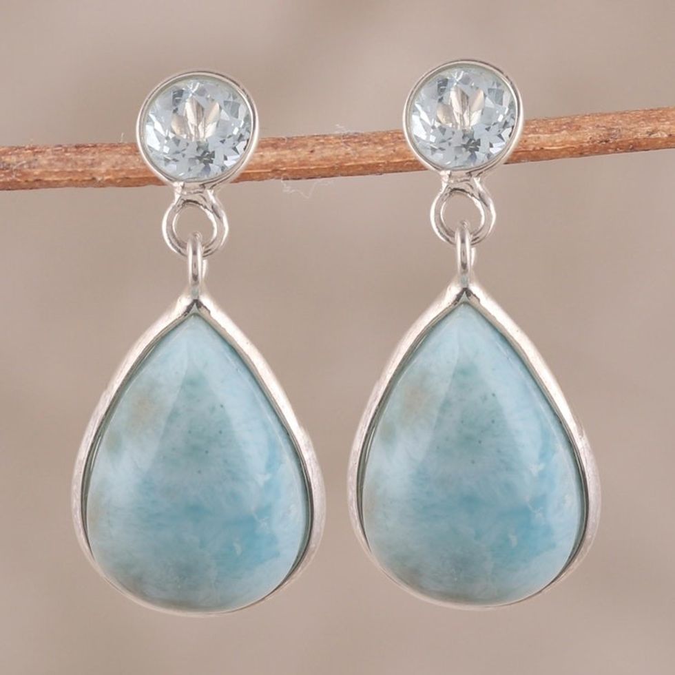 Dazzling Larimar and Blue Topaz Dangle Earrings from India 'Alluring Sky'