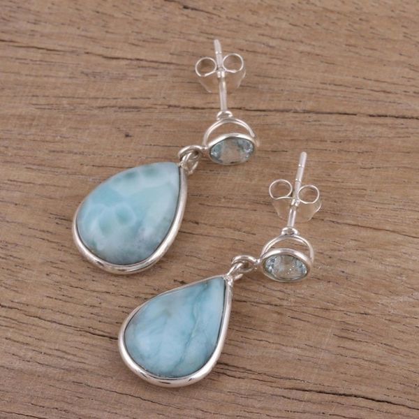 Alternate image for Dazzling Larimar and Blue Topaz Dangle Earrings from India Alluring Sky