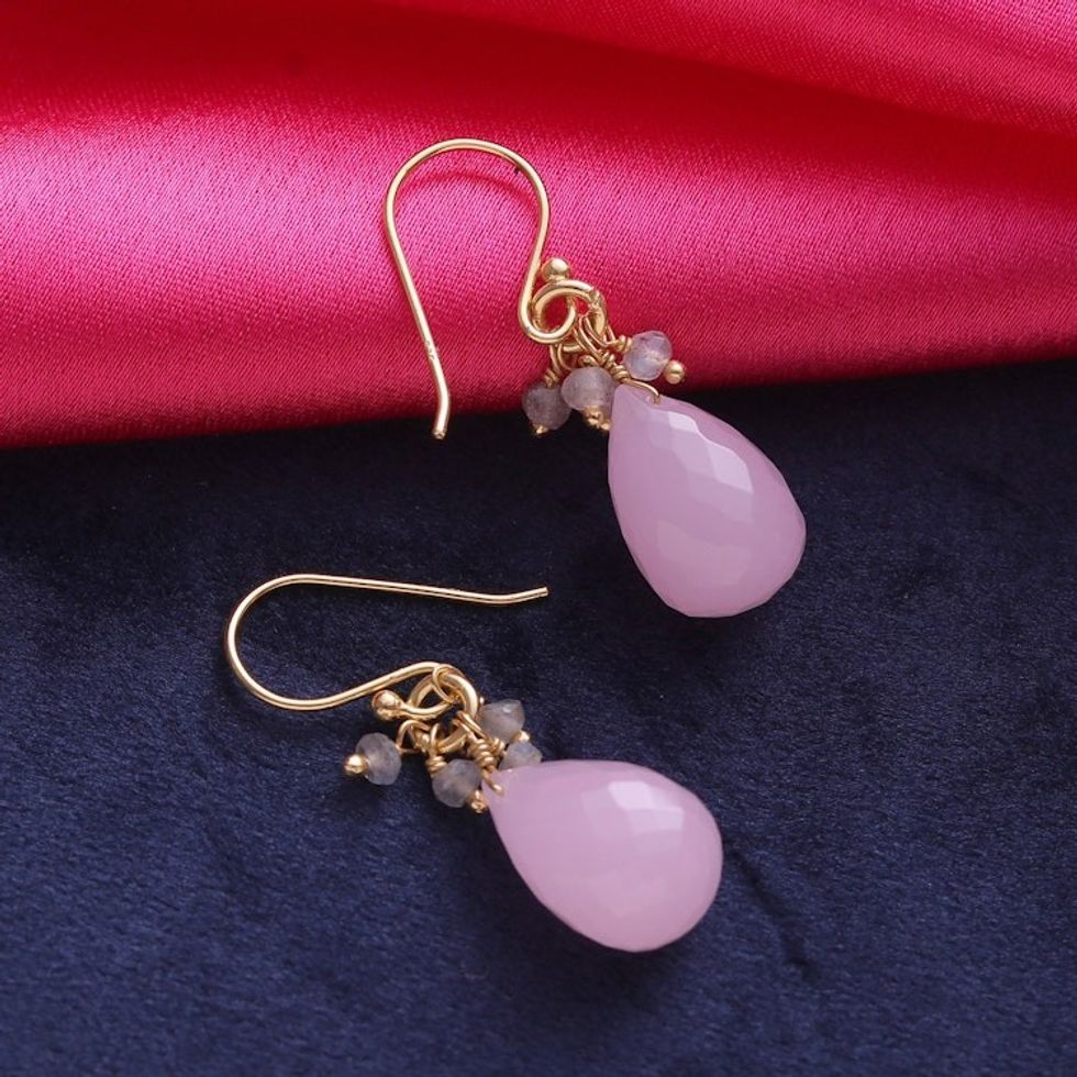 22k Gold Plated Rose Quartz and Labradorite Dangle Earrings 'Glittering Pink Drops'