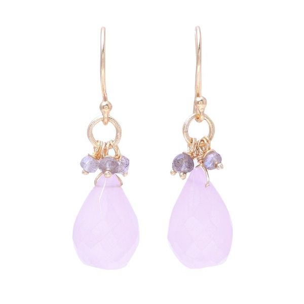 Alternate image for 22k Gold Plated Rose Quartz and Labradorite Dangle Earrings Glittering Pink Drops