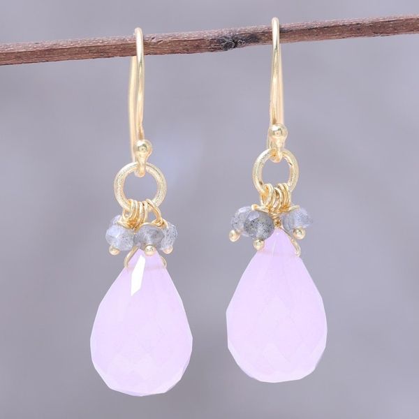 Alternate image for 22k Gold Plated Rose Quartz and Labradorite Dangle Earrings Glittering Pink Drops