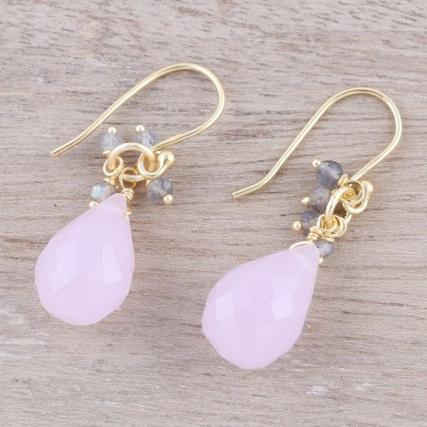 Alternate image for 22k Gold Plated Rose Quartz and Labradorite Dangle Earrings Glittering Pink Drops