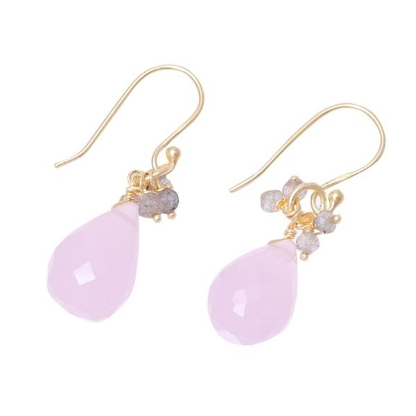 Alternate image for 22k Gold Plated Rose Quartz and Labradorite Dangle Earrings Glittering Pink Drops