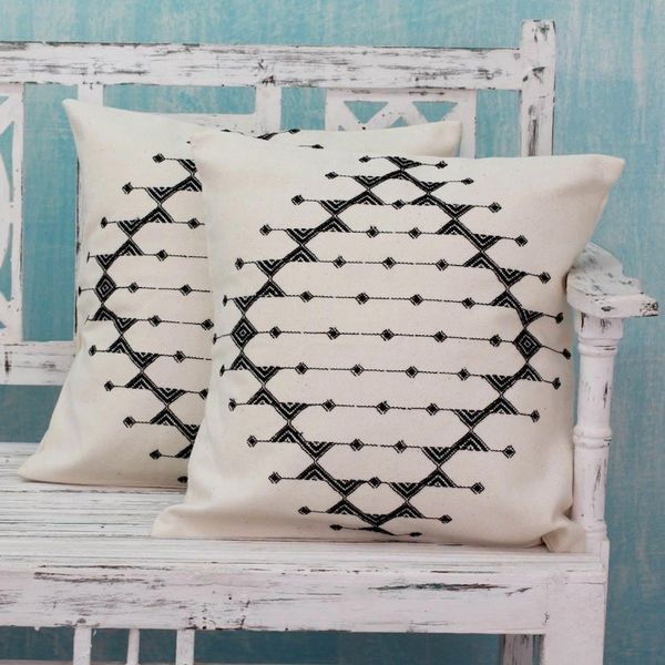 Alternate image for Cotton Patterned Black and Off White Cushion Covers Pair Monochrome Galaxy