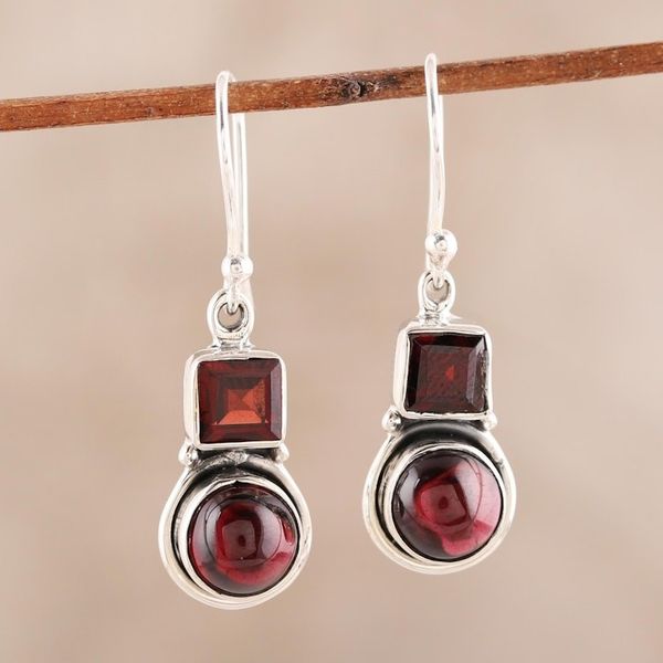 Alternate image for Square and Circular Garnet Dangle Earrings from India Glittering Combo