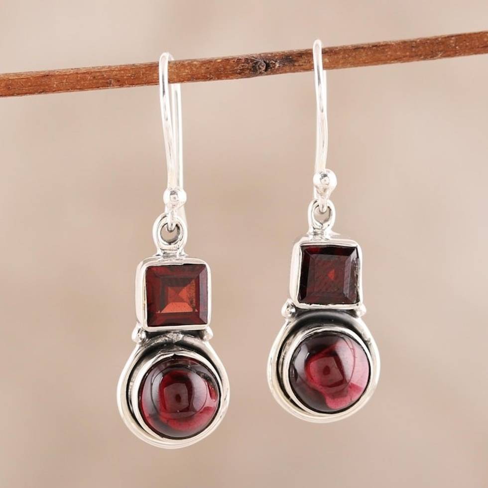 Square and Circular Garnet Dangle Earrings from India 'Glittering Combo'