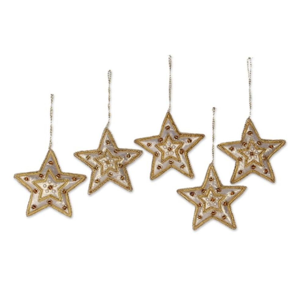 Gleaming Gold Stars Christmas Beadwork Ornaments Set of 5 'Glorious Star'