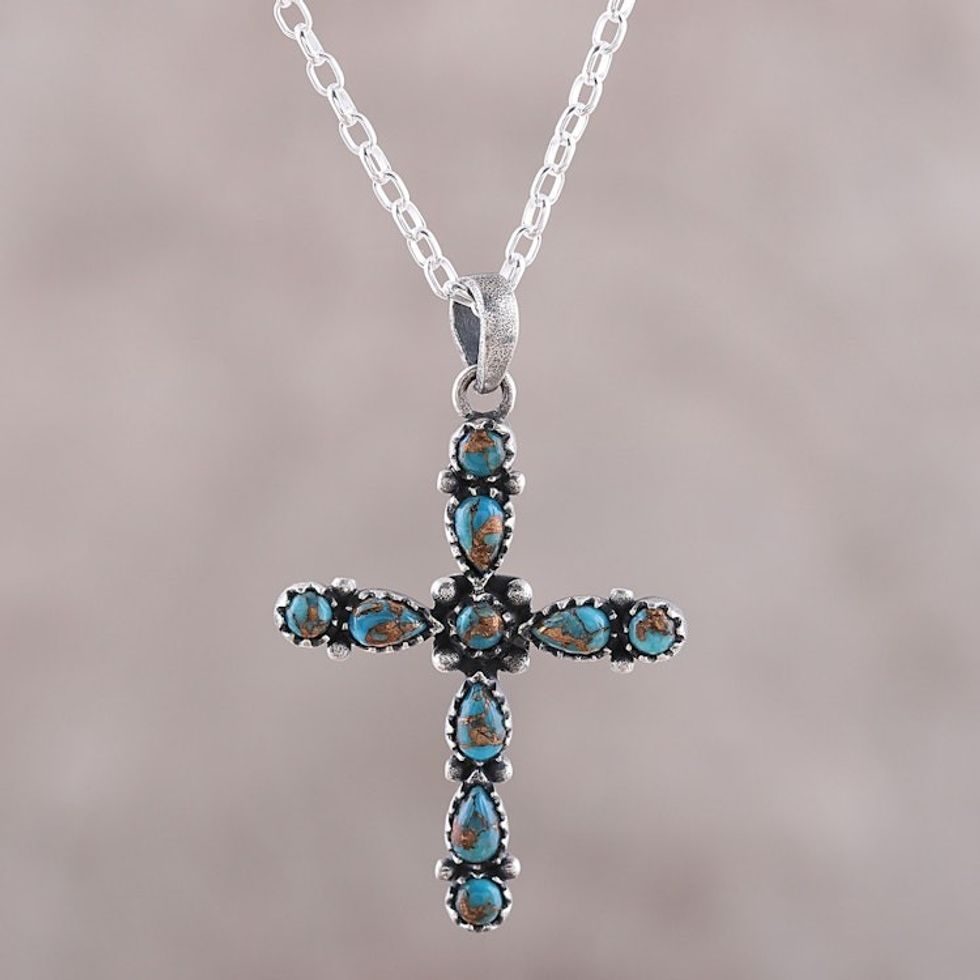 925 Sterling Silver and Composite Turquoise Cross Necklace 'Vibrant Cross'