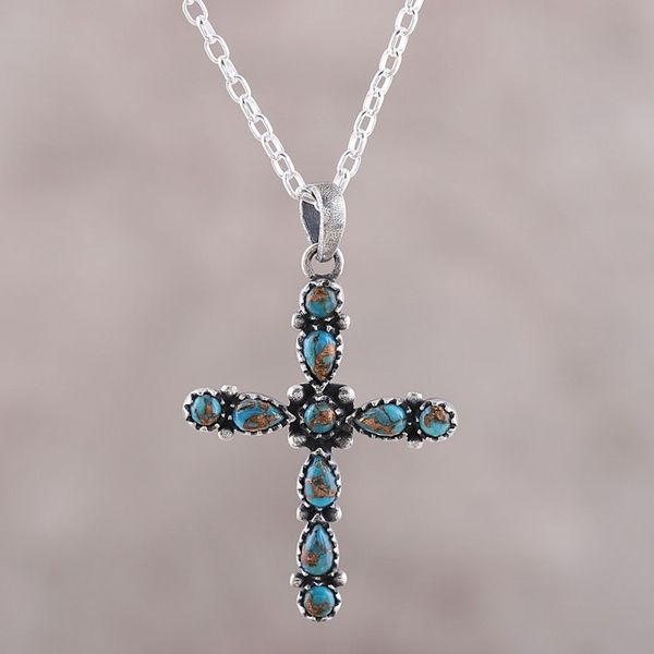 Alternate image for 925 Sterling Silver and Composite Turquoise Cross Necklace Vibrant Cross