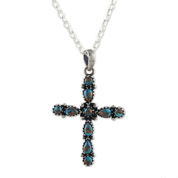 Alternate image for 925 Sterling Silver and Composite Turquoise Cross Necklace Vibrant Cross