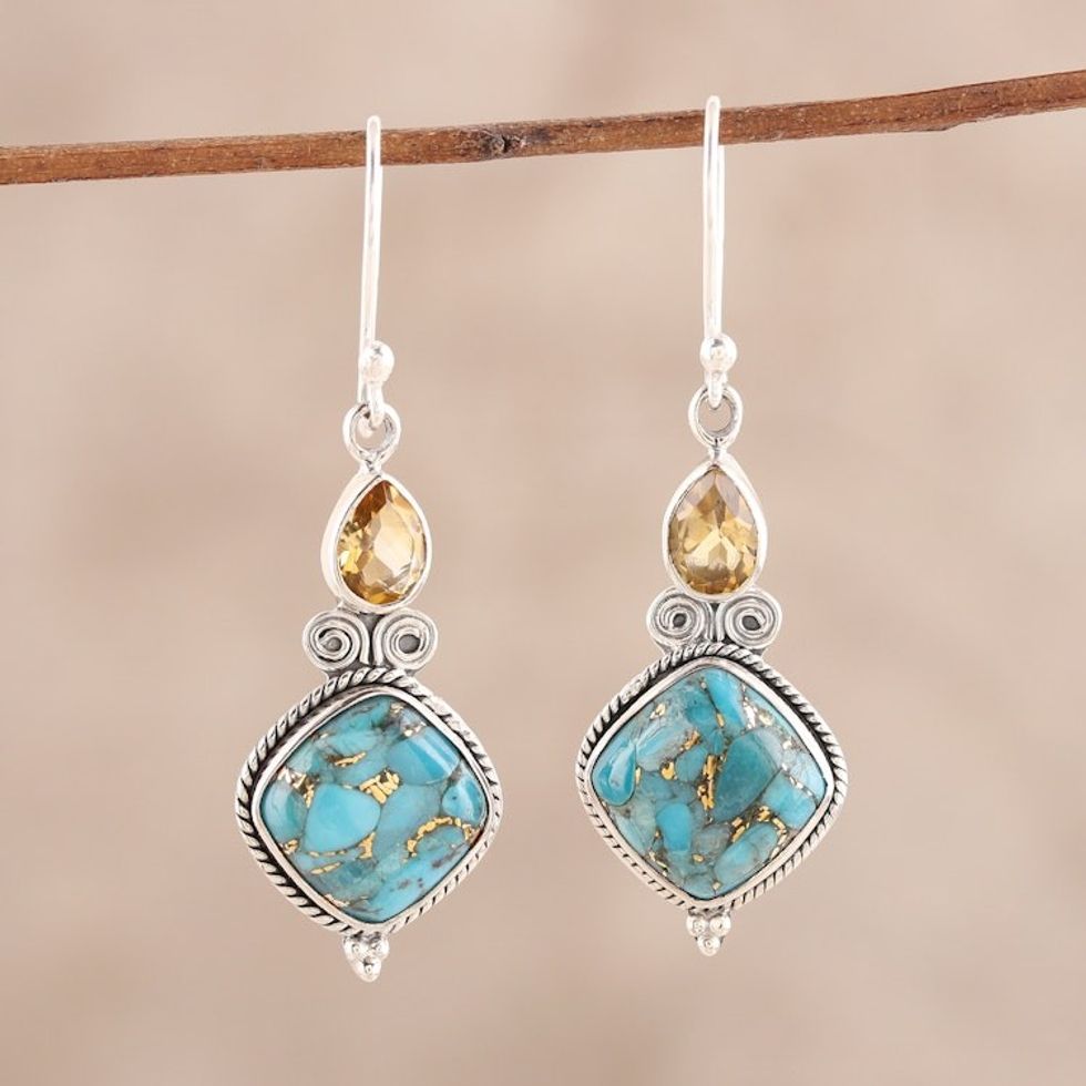 Teardrop Citrine and Turquoise Dangle Earrings from India 'Teardrop Harmony'