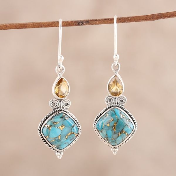 Alternate image for Teardrop Citrine and Turquoise Dangle Earrings from India Teardrop Harmony