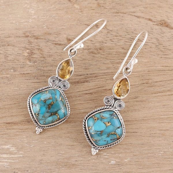 Alternate image for Teardrop Citrine and Turquoise Dangle Earrings from India Teardrop Harmony