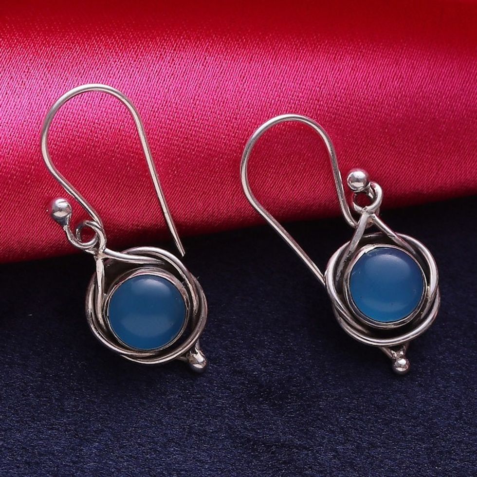 Indian Blue Chalcedony and Sterling Silver Dangle Earrings 'Intricate Twirl in Blue'