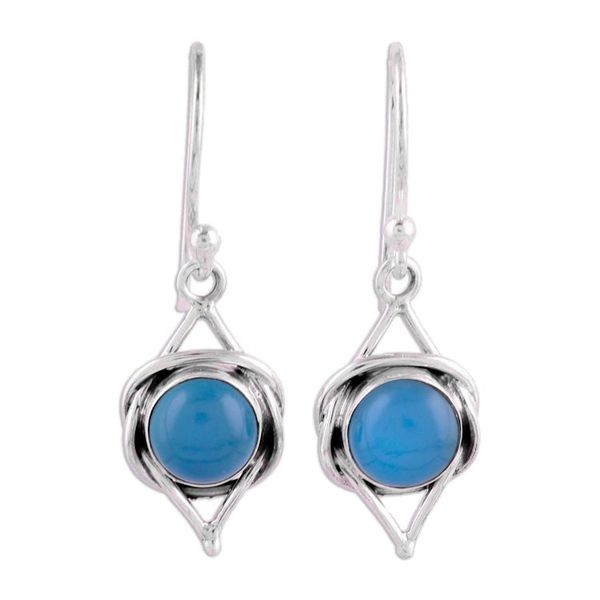 Alternate image for Indian Blue Chalcedony and Sterling Silver Dangle Earrings Intricate Twirl in Blue