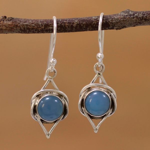 Alternate image for Indian Blue Chalcedony and Sterling Silver Dangle Earrings Intricate Twirl in Blue