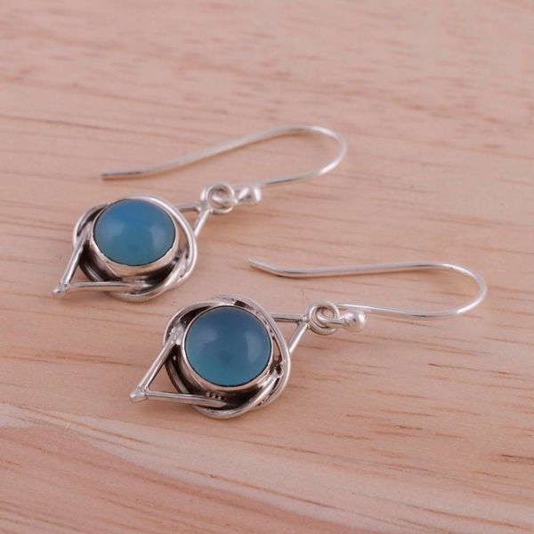 Alternate image for Indian Blue Chalcedony and Sterling Silver Dangle Earrings Intricate Twirl in Blue