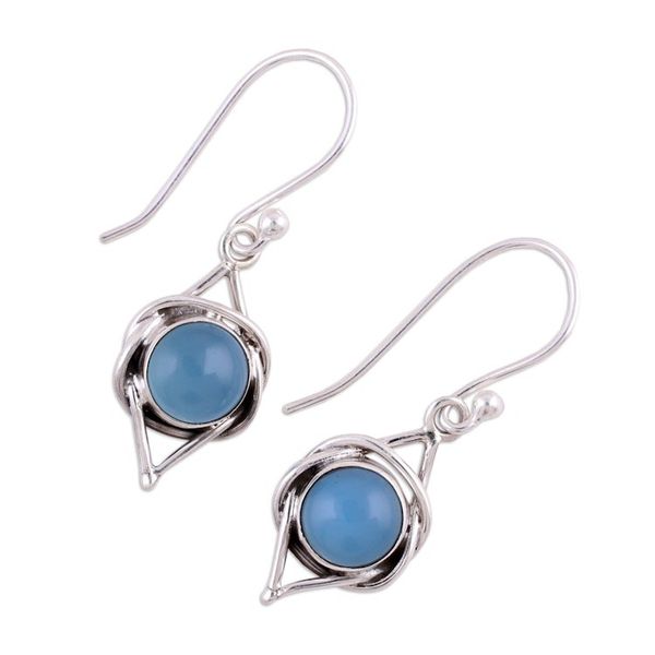 Alternate image for Indian Blue Chalcedony and Sterling Silver Dangle Earrings Intricate Twirl in Blue