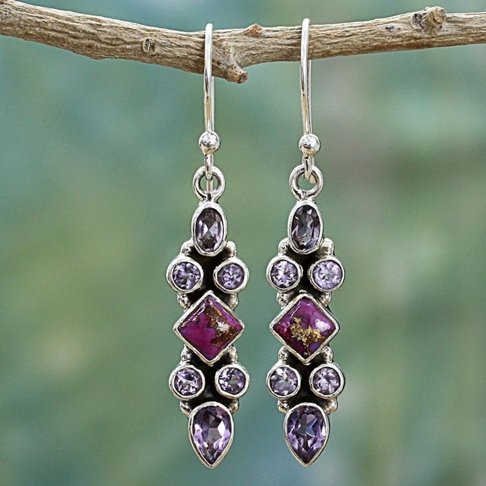 Sterling Silver Amethyst Dangle Earrings from India 'Mesmerizing Shapes'
