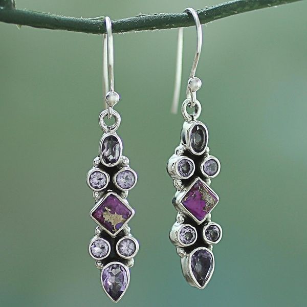 Alternate image for Sterling Silver Amethyst Dangle Earrings from India Mesmerizing Shapes