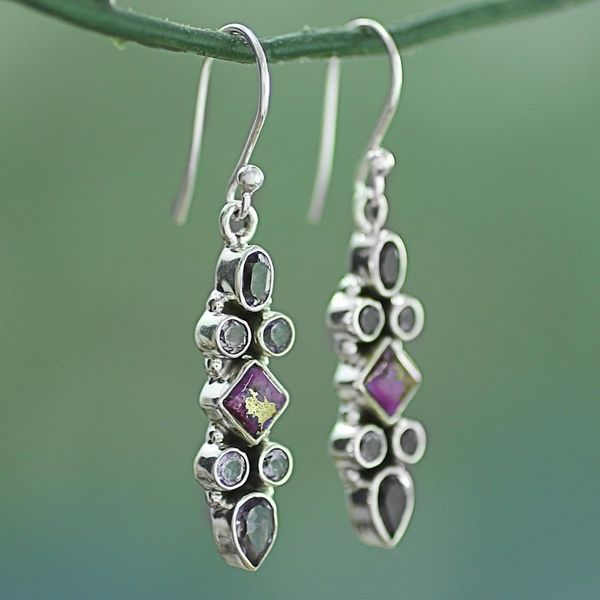 Alternate image for Sterling Silver Amethyst Dangle Earrings from India Mesmerizing Shapes