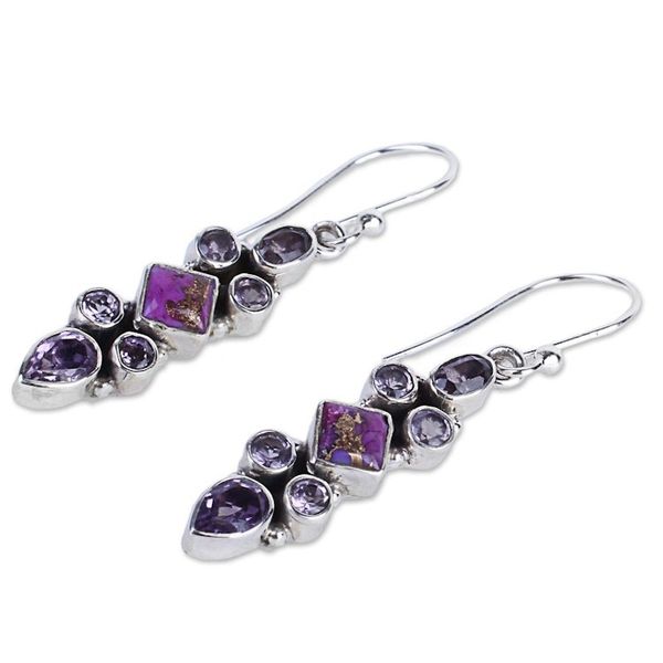 Alternate image for Sterling Silver Amethyst Dangle Earrings from India Mesmerizing Shapes
