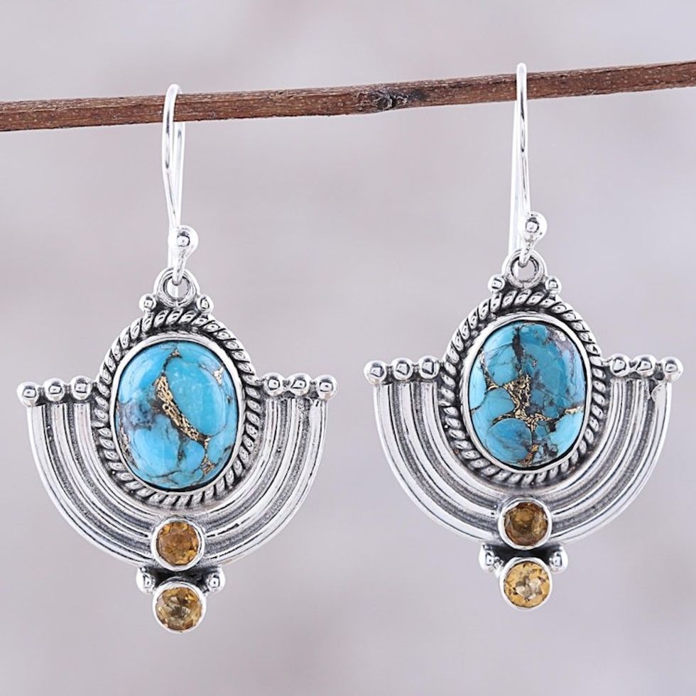 Citrine and Blue Composite Turquoise Dangle Earrings 'Blue Flame'