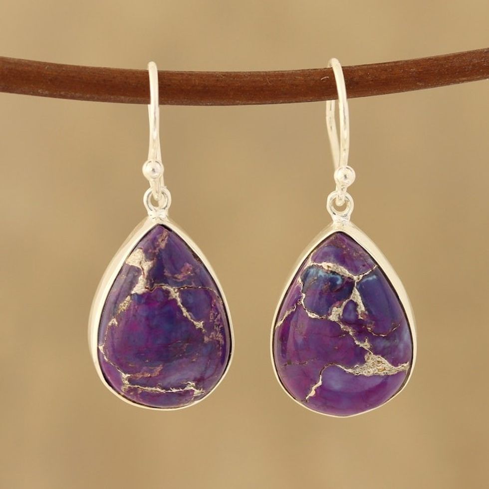 Purple Composite Turquoise Dangle Earrings from India 'Regal Veins'