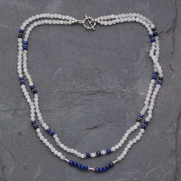 Alternate image for Rainbow Moonstone and Lapis Lazuli Strand Necklace Gujurat Skies