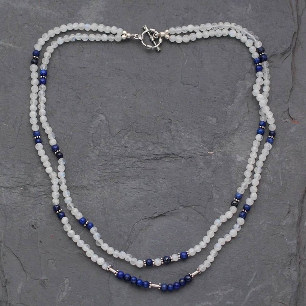 Rainbow Moonstone and Lapis Lazuli Strand Necklace 'Gujurat Skies'