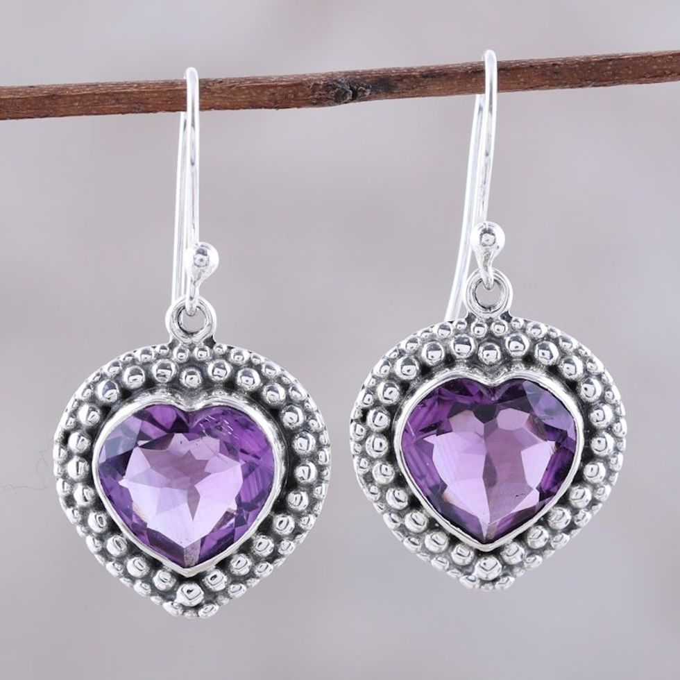 Heart-Shaped Amethyst and Sterling Silver Dangle Earrings 'Fervent Love'