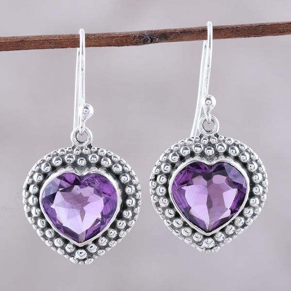 Alternate image for Heart-Shaped Amethyst and Sterling Silver Dangle Earrings Fervent Love